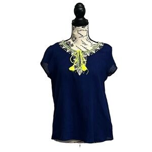 Vtg Decree Womens Blue Embroidered Peasent Boho Crinkle Blouse Modest TASSLE M